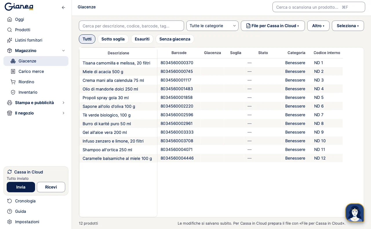 La pagina Giacenze, con il pulsante File per Cassa in Cloud e l'elenco dei prodotti di un negozio di esempio.